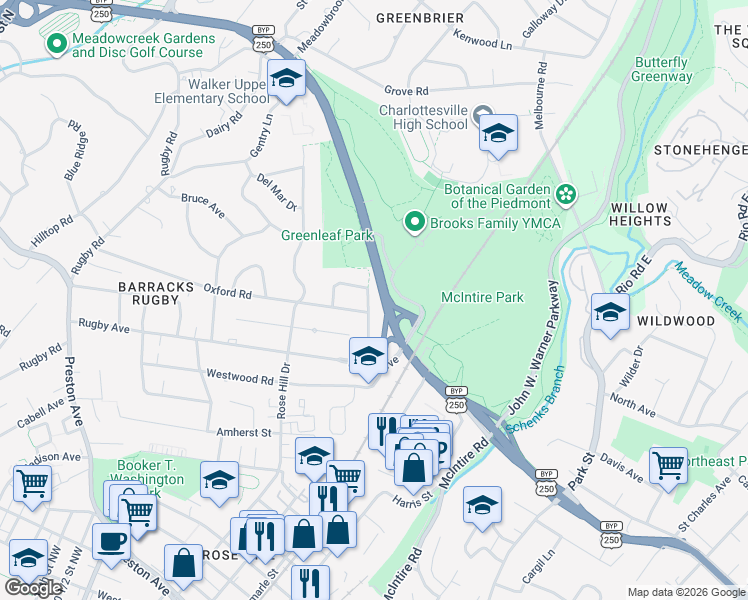 map of restaurants, bars, coffee shops, grocery stores, and more near 1218 Sherwood Rd in Charlottesville