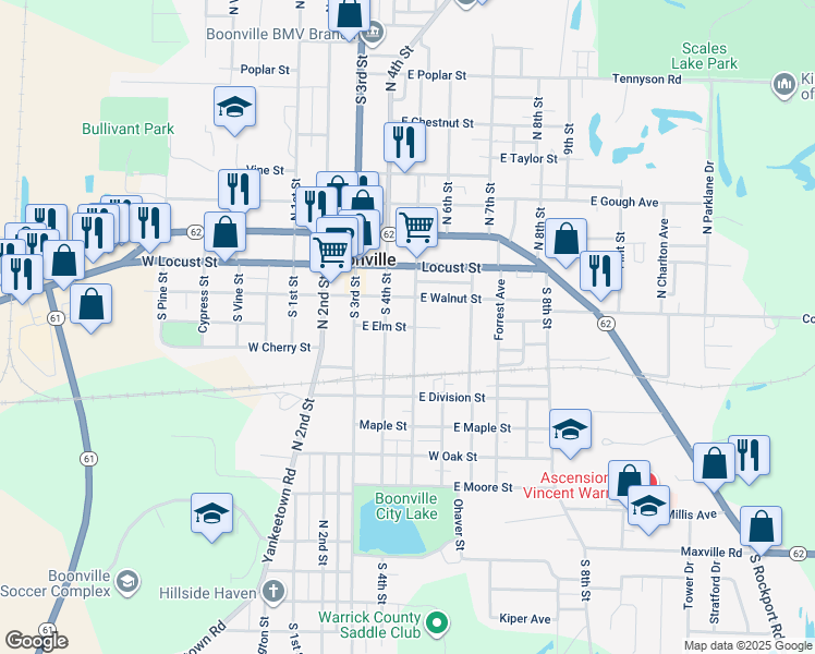 map of restaurants, bars, coffee shops, grocery stores, and more near 312 South 4th Street in Boonville