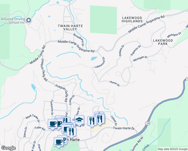 map of restaurants, bars, coffee shops, grocery stores, and more near 18910 Huron Drive in Twain Harte