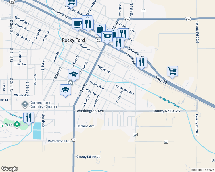 map of restaurants, bars, coffee shops, grocery stores, and more near 501 S 16th St in Rocky Ford