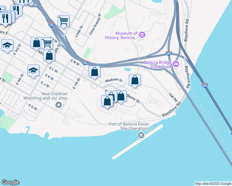 map of restaurants, bars, coffee shops, grocery stores, and more near 938 Adams Street in Benicia