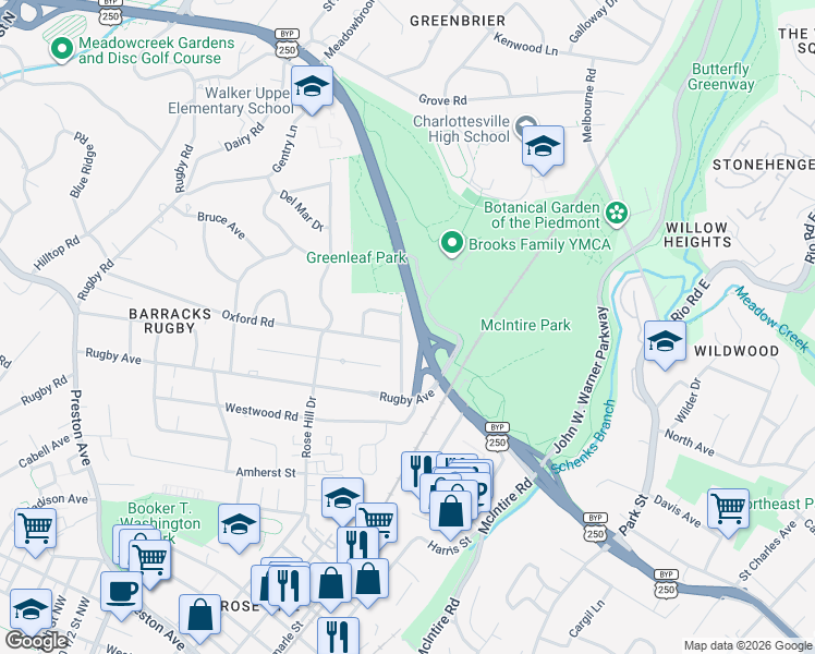 map of restaurants, bars, coffee shops, grocery stores, and more near 1218 Sherwood Rd in Charlottesville