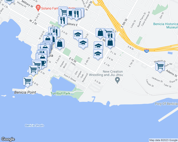 map of restaurants, bars, coffee shops, grocery stores, and more near 438 East H Street in Benicia