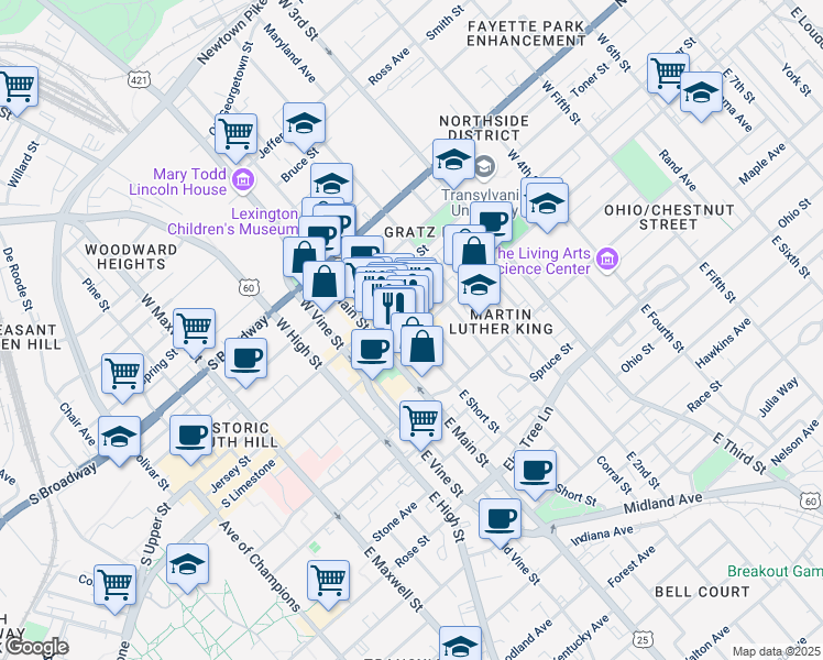 map of restaurants, bars, coffee shops, grocery stores, and more near 135 West Short Street in Lexington