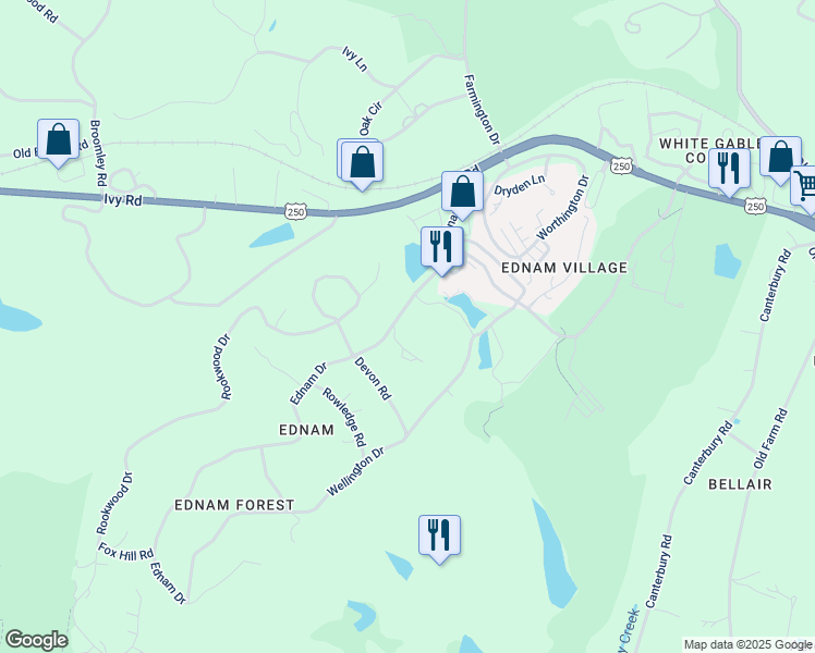 map of restaurants, bars, coffee shops, grocery stores, and more near 100 Ednam Place in Charlottesville