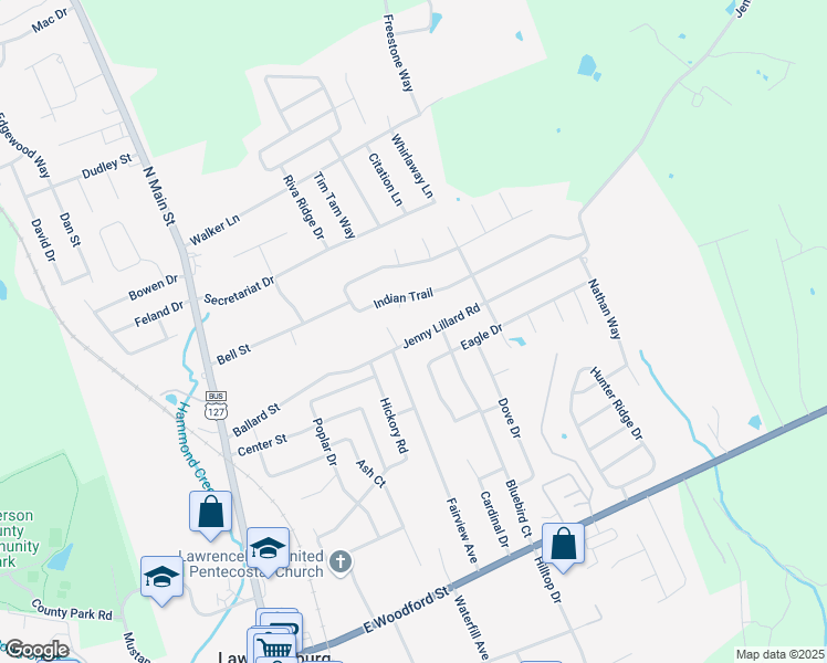 map of restaurants, bars, coffee shops, grocery stores, and more near 1017 Jenny Lillard Road in Lawrenceburg