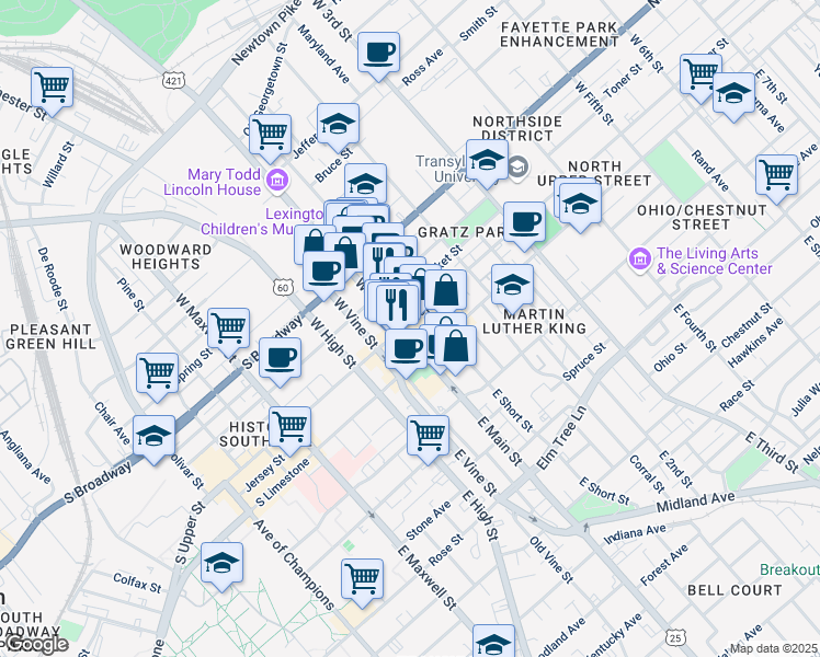 map of restaurants, bars, coffee shops, grocery stores, and more near 159 West Main Street in Lexington