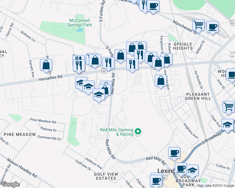 map of restaurants, bars, coffee shops, grocery stores, and more near 1306 Versailles Road in Lexington