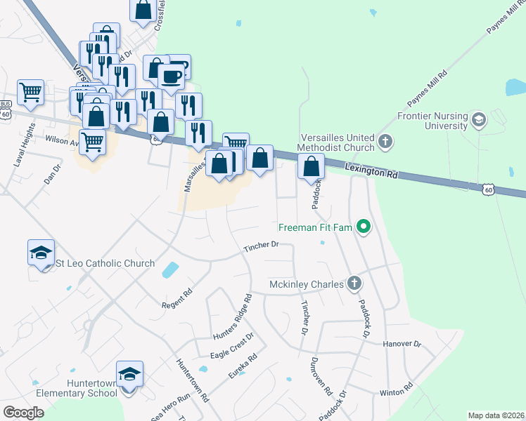 map of restaurants, bars, coffee shops, grocery stores, and more near 413 Foxchase Court in Versailles