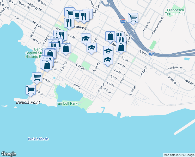 map of restaurants, bars, coffee shops, grocery stores, and more near 445 East H Street in Benicia