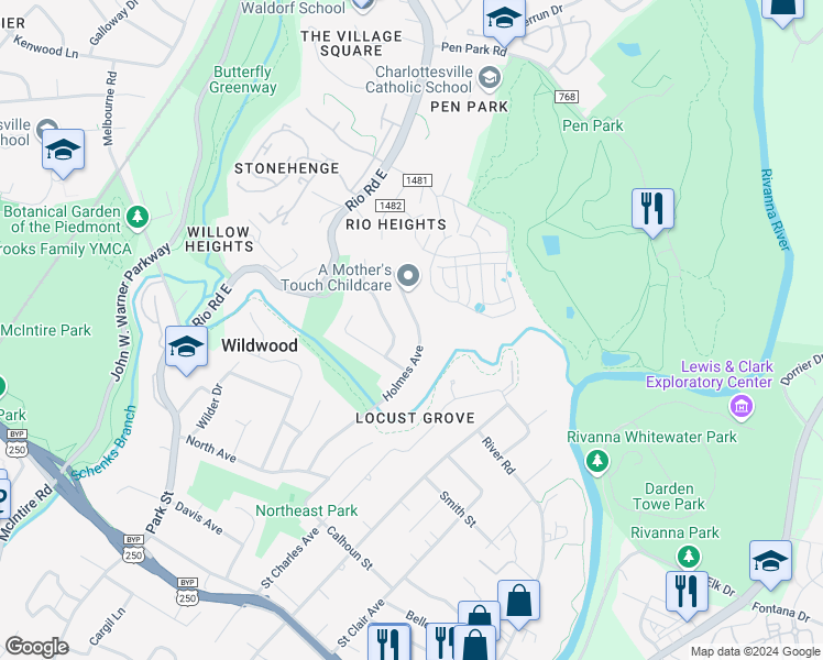 map of restaurants, bars, coffee shops, grocery stores, and more near 1218 Holmes Avenue in Charlottesville