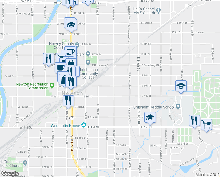 map of restaurants, bars, coffee shops, grocery stores, and more near 332 East 5th Street in Newton