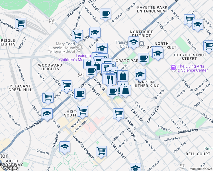 map of restaurants, bars, coffee shops, grocery stores, and more near 230 West Main Street in Lexington