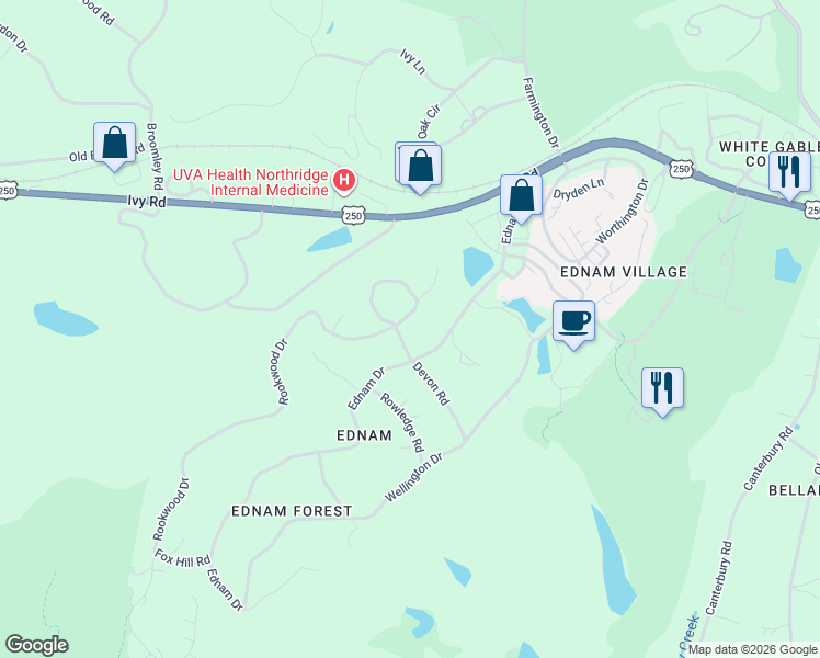 map of restaurants, bars, coffee shops, grocery stores, and more near 256 Rookwood Drive in Charlottesville