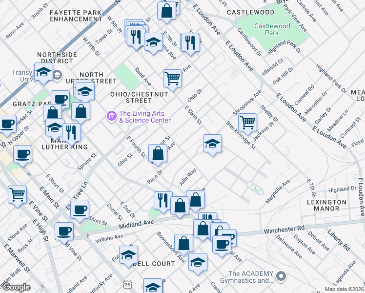 map of restaurants, bars, coffee shops, grocery stores, and more near 414 East Fifth Street in Lexington