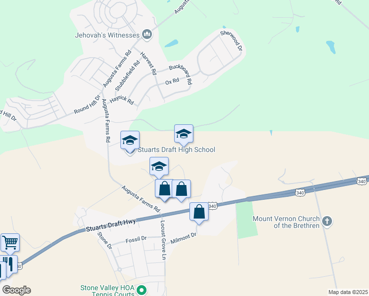 map of restaurants, bars, coffee shops, grocery stores, and more near 63 School Boulevard in Stuarts Draft