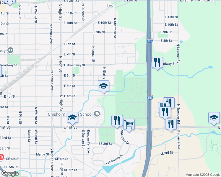 map of restaurants, bars, coffee shops, grocery stores, and more near 1029 East 5th Street in Newton
