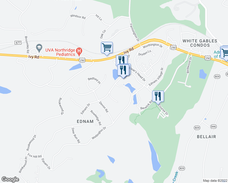 map of restaurants, bars, coffee shops, grocery stores, and more near 100 Ednam Place in Charlottesville