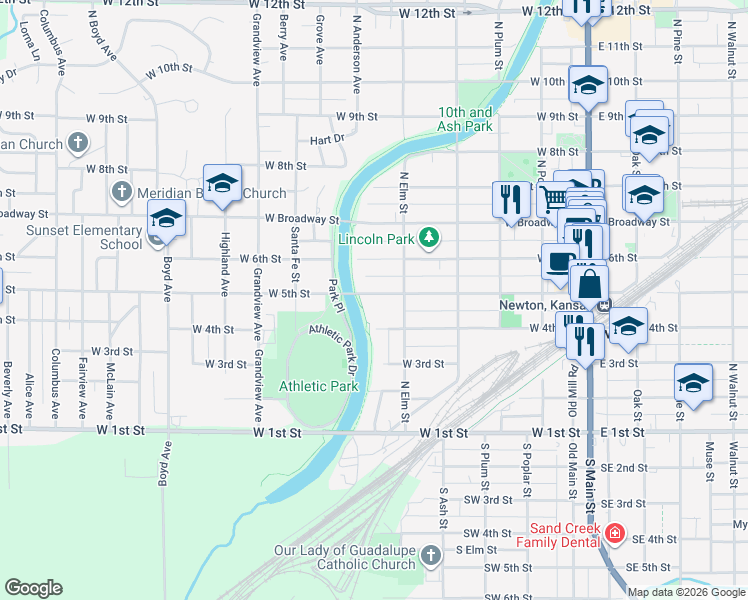 map of restaurants, bars, coffee shops, grocery stores, and more near 522 West 5th Street in Newton