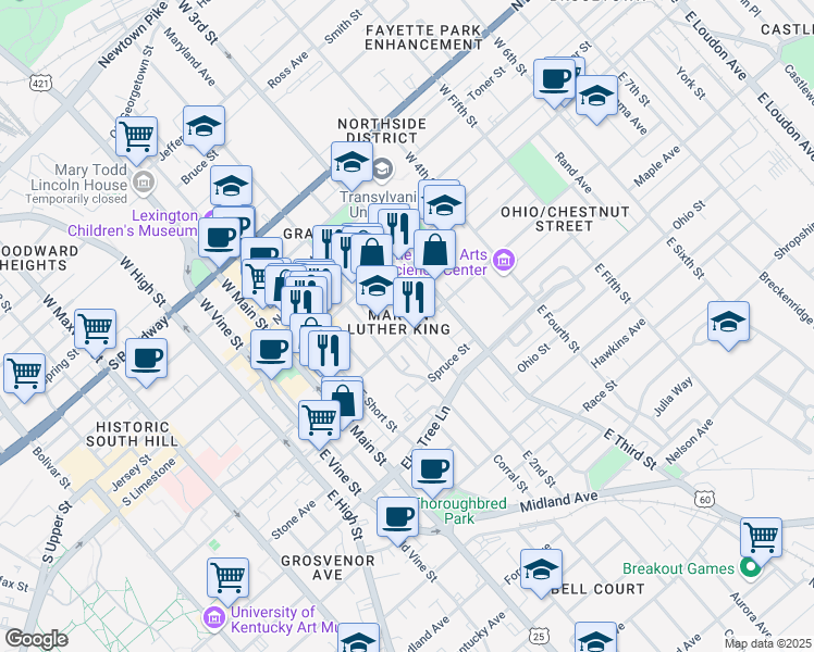 map of restaurants, bars, coffee shops, grocery stores, and more near 160 Constitution Street in Lexington