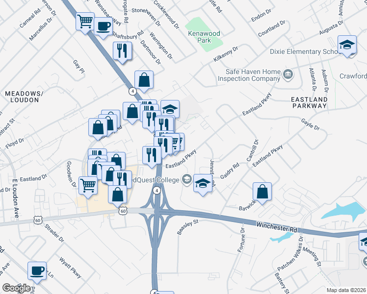 map of restaurants, bars, coffee shops, grocery stores, and more near 1555 Eastland Parkway in Lexington