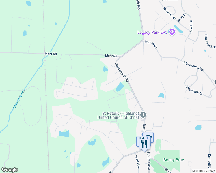 map of restaurants, bars, coffee shops, grocery stores, and more near 1212 April Drive in Evansville