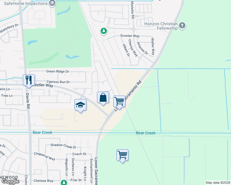 map of restaurants, bars, coffee shops, grocery stores, and more near 10140 Rudder Way in Stockton
