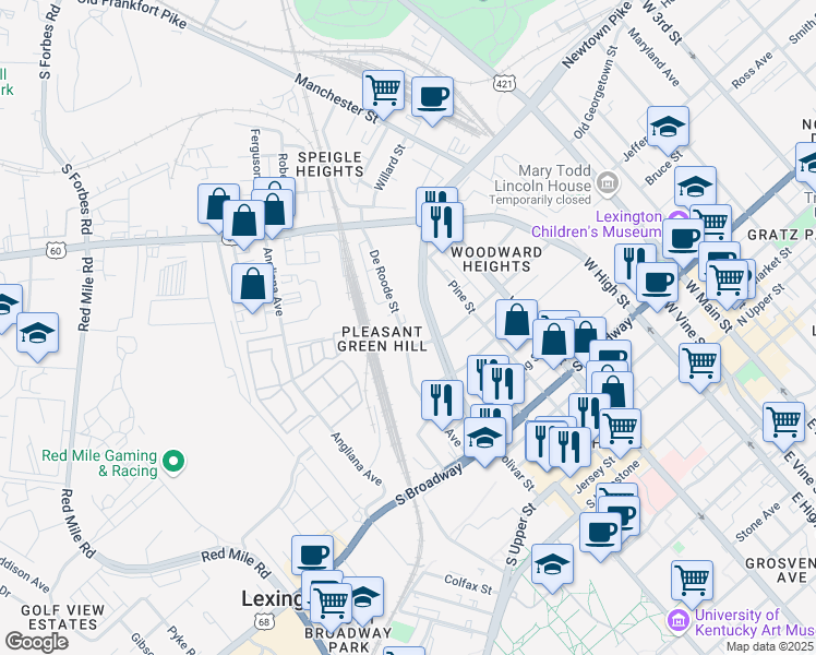 map of restaurants, bars, coffee shops, grocery stores, and more near 708 De Roode Street in Lexington