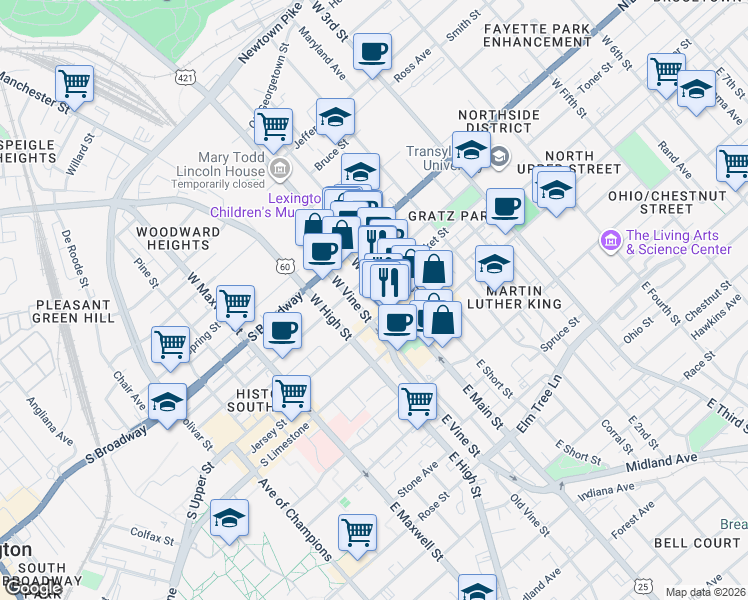 map of restaurants, bars, coffee shops, grocery stores, and more near 230 West Main Street in Lexington