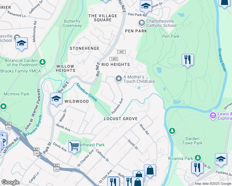 map of restaurants, bars, coffee shops, grocery stores, and more near 1207 Agnese Street in Charlottesville