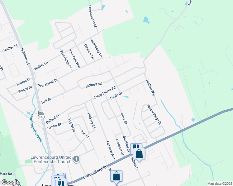 map of restaurants, bars, coffee shops, grocery stores, and more near 129 Eagle Drive in Lawrenceburg