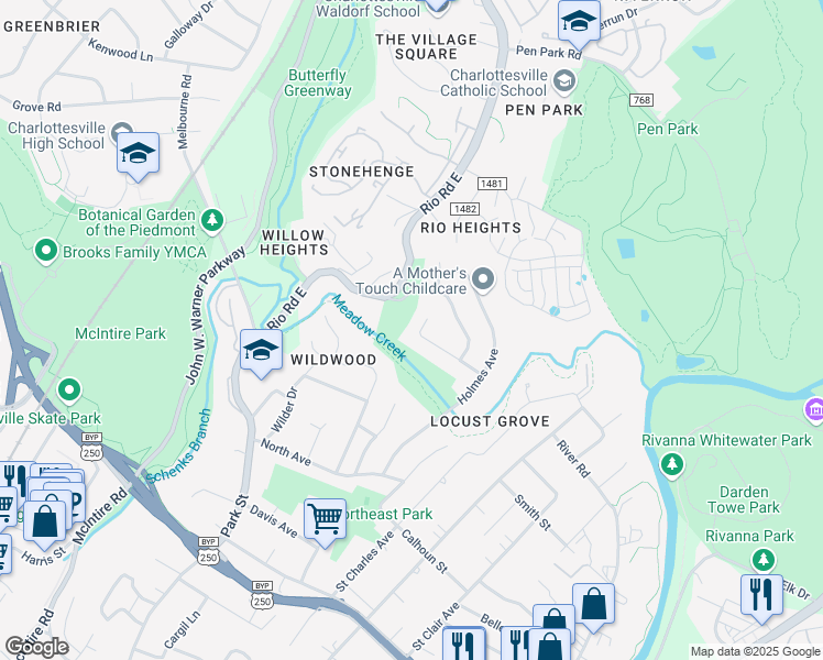map of restaurants, bars, coffee shops, grocery stores, and more near 616 Elizabeth Avenue in Charlottesville