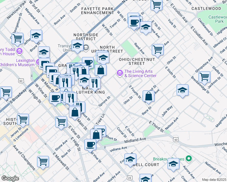 map of restaurants, bars, coffee shops, grocery stores, and more near 251 East Third Street in Lexington