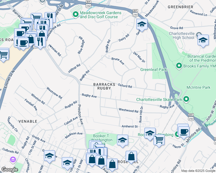 map of restaurants, bars, coffee shops, grocery stores, and more near 1623 Mason Lane in Charlottesville