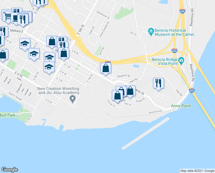 map of restaurants, bars, coffee shops, grocery stores, and more near 816 Military East in Benicia