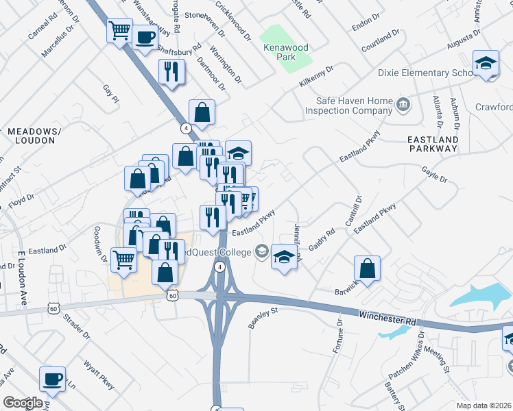 map of restaurants, bars, coffee shops, grocery stores, and more near 1508 Continental Square in Lexington