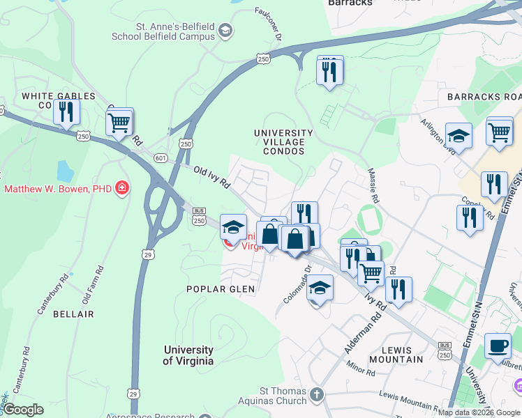 map of restaurants, bars, coffee shops, grocery stores, and more near 112 Harvest Drive in Charlottesville