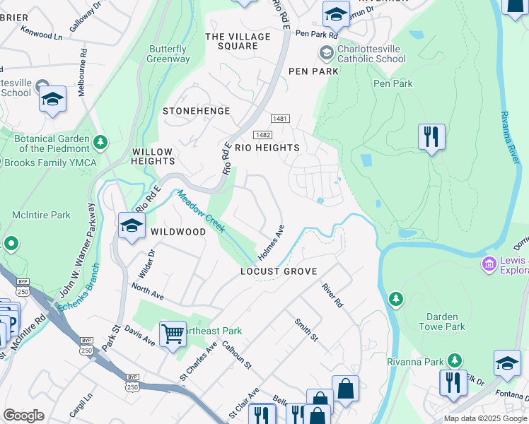 map of restaurants, bars, coffee shops, grocery stores, and more near 1212 Agnese Street in Charlottesville
