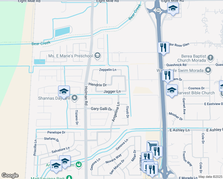 map of restaurants, bars, coffee shops, grocery stores, and more near 3743 Jagger Lane in Stockton