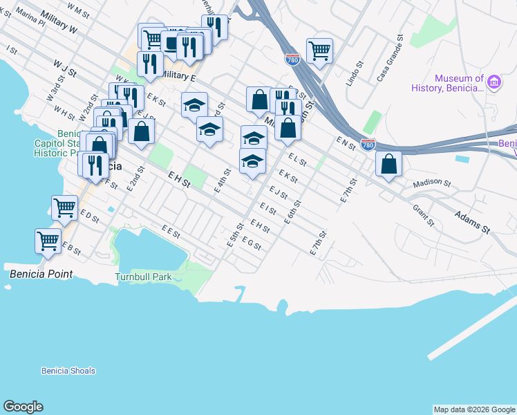 map of restaurants, bars, coffee shops, grocery stores, and more near 825 East 5th Street in Benicia