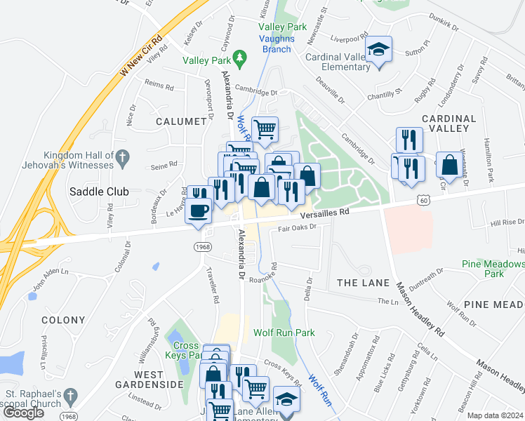 map of restaurants, bars, coffee shops, grocery stores, and more near 2233 Versailles Road in Lexington