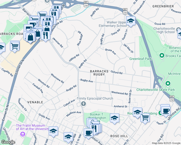 map of restaurants, bars, coffee shops, grocery stores, and more near Stonefield Lane in Charlottesville