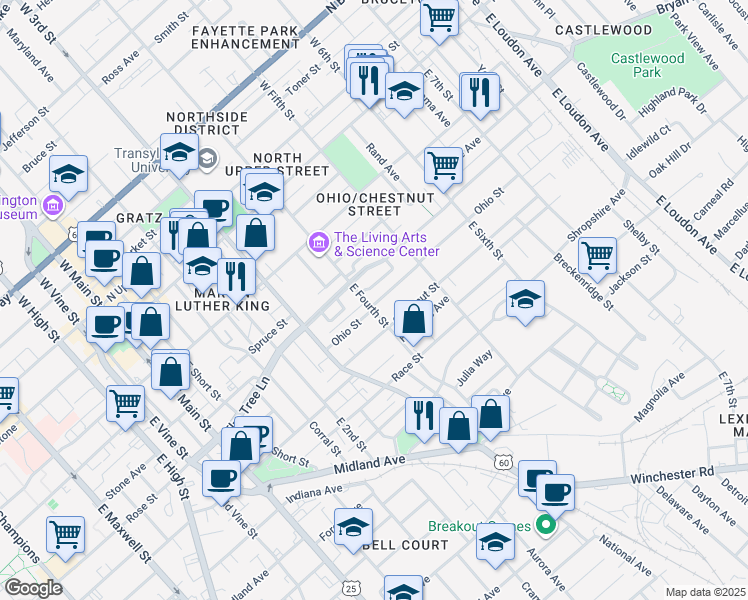 map of restaurants, bars, coffee shops, grocery stores, and more near 415 Ohio Street in Lexington