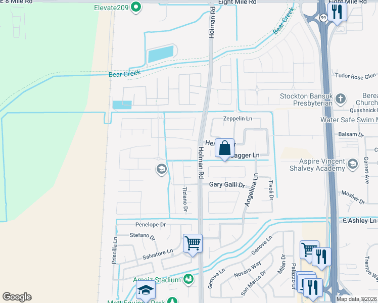 map of restaurants, bars, coffee shops, grocery stores, and more near 3449 Bagello Court in Stockton