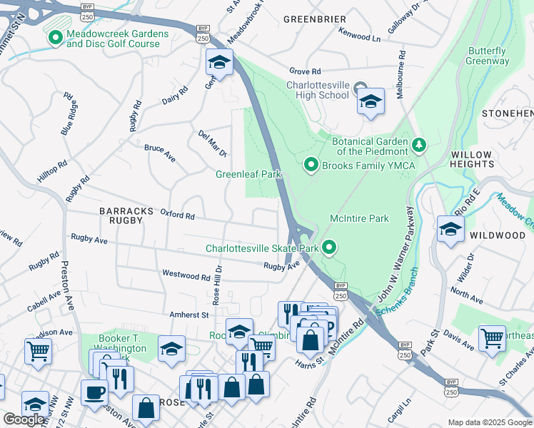 map of restaurants, bars, coffee shops, grocery stores, and more near 1444 Plymouth Road in Charlottesville