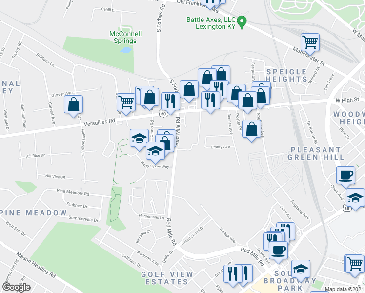 map of restaurants, bars, coffee shops, grocery stores, and more near in Lexington