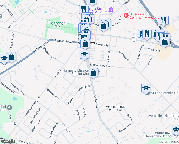 map of restaurants, bars, coffee shops, grocery stores, and more near 299 South Main Street in Versailles