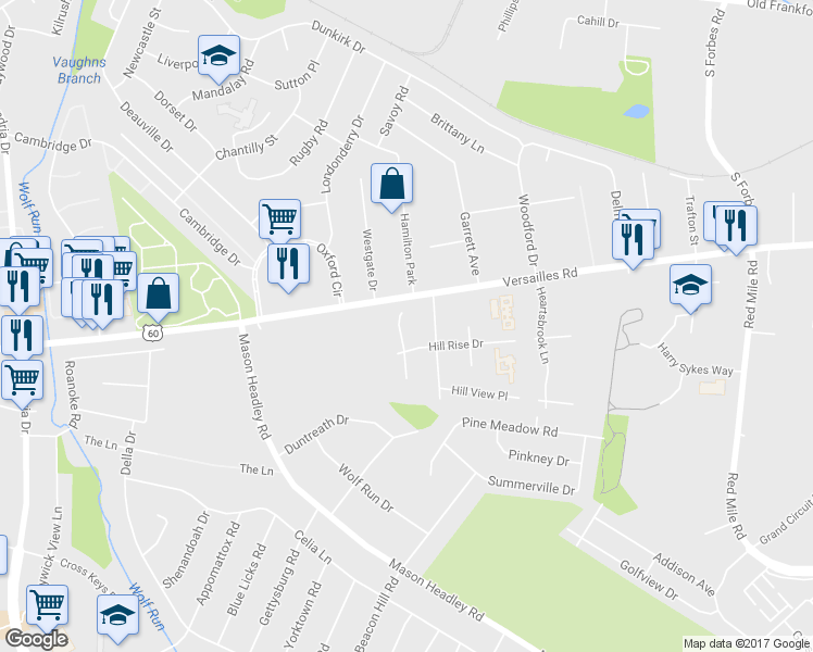 map of restaurants, bars, coffee shops, grocery stores, and more near 712 Whitney Woods Place in Lexington