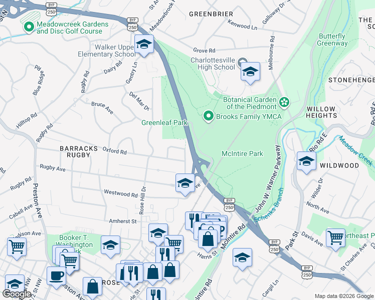 map of restaurants, bars, coffee shops, grocery stores, and more near 1218 Sherwood Road in Charlottesville