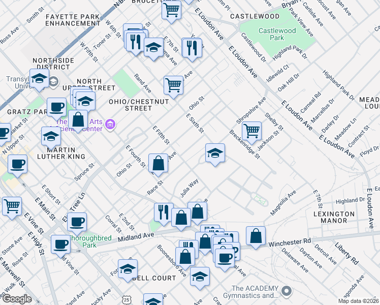 map of restaurants, bars, coffee shops, grocery stores, and more near 524 Pemberton Street in Lexington